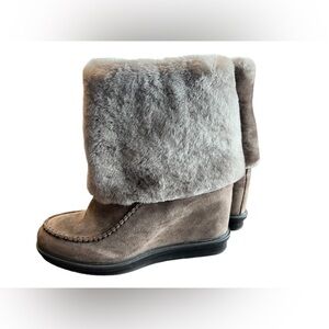 Napoleoni Italy Leather/Shearling Wedge Ankle Boots Women’s 7.5 Side Zip Taupe